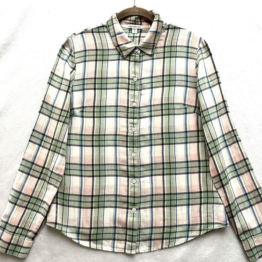 James Perse Sail Sz 2 Medium M Pastel Green Pink‎ Plaid Linen Button Down Shirt